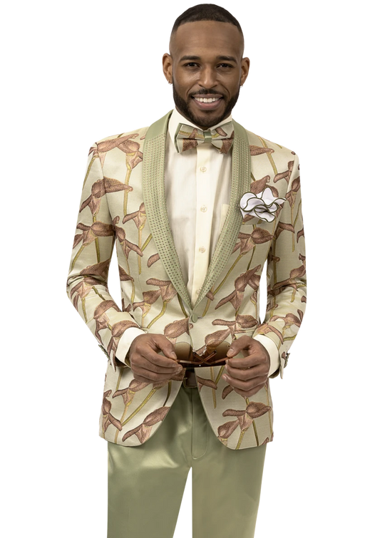 A man in a striking floral-patterned suit with a matching bow tie, elegantly holds sunglasses while wearing the EJ Samuel Fern Green Blazer J126.