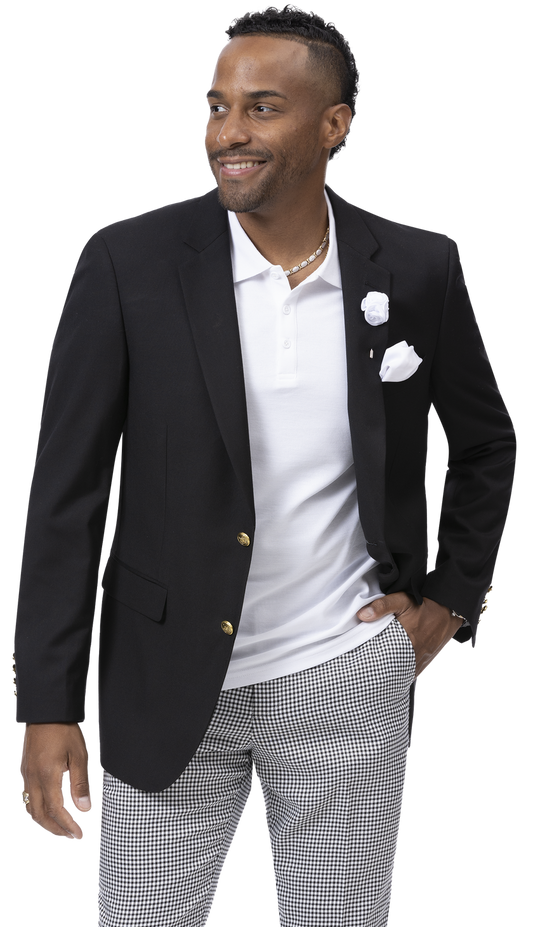A gentleman wearing the EJ Samuel Black Blazer J170 from EJ SAMUEL, distinguished by its sleek design and gold buttons, complements it perfectly with a crisp white shirt and checkered pants, casting a sideways glance with a smile.