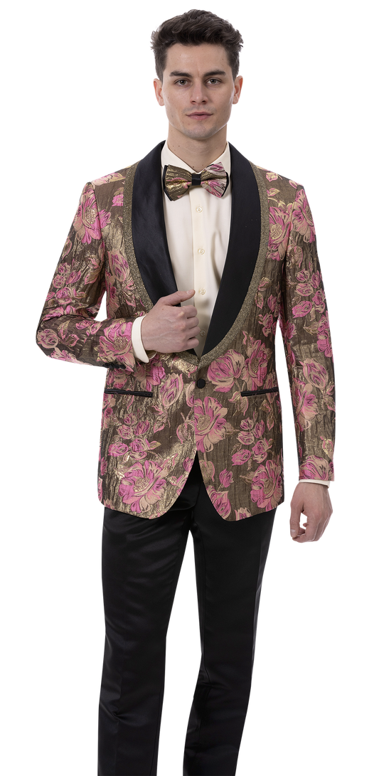 A man dressed in the EJ Samuel Brown Blazer J185, seamlessly paired with a matching bow tie, a crisp white shirt, and sleek black pants.