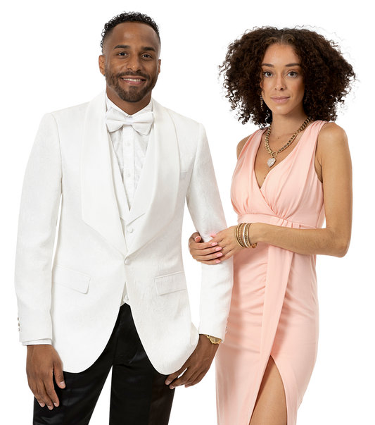 A man wearing an EJ SAMUEL White/White Blazer J64, featuring a sleek modern fit and satin lapel, stands beside a woman in a pink dress, both smiling.