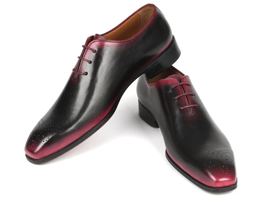 A pair of Paul Parkman Black & Red Men's Oxford Shoes (Model: KR254-01-83), handcrafted with polished black and burgundy leather featuring hand-painted details and intricate brogue work, elegantly stacked on a white background.