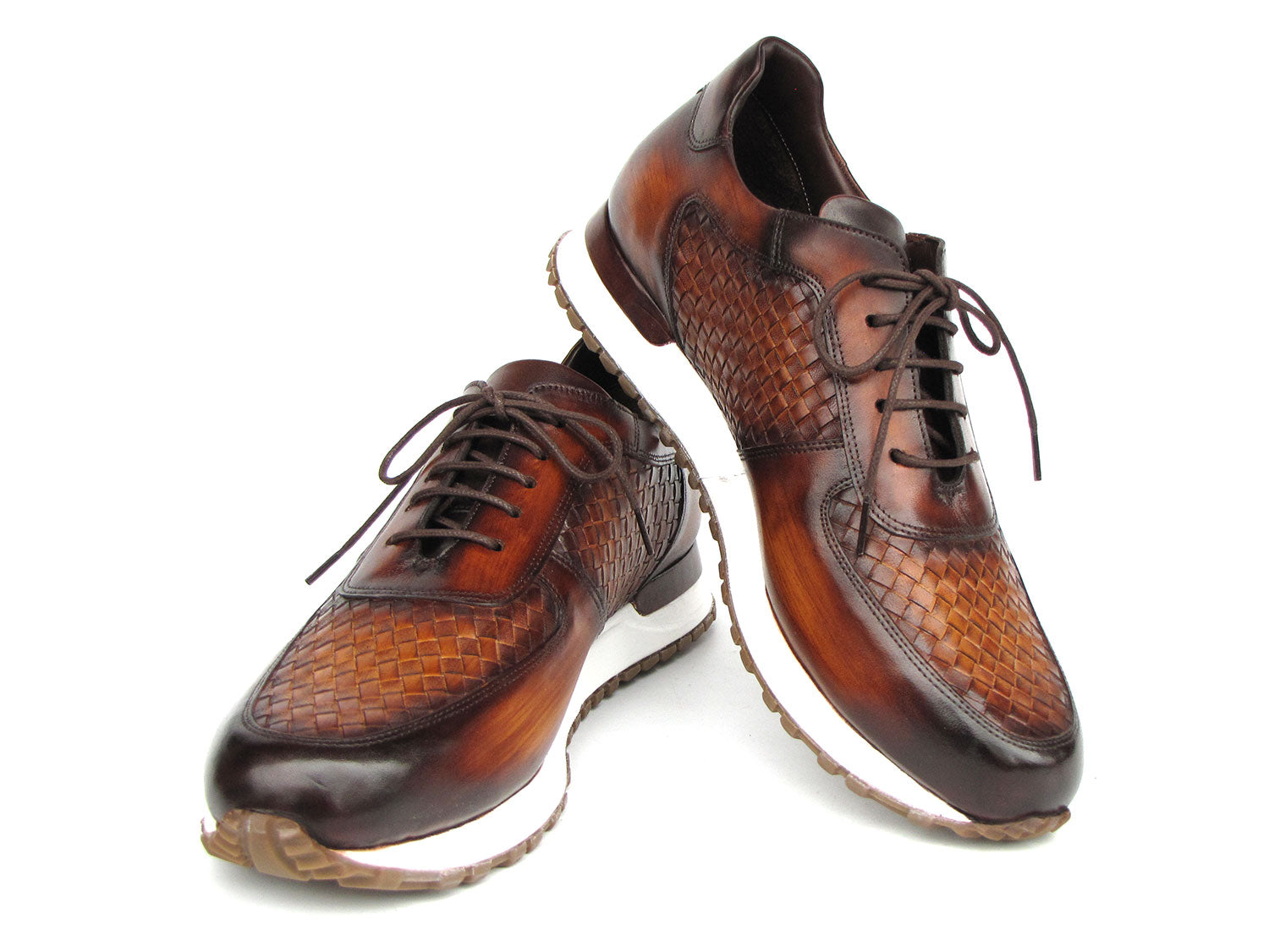 Paul Parkman Men's Brown Hand-Painted Woven Leather Sneakers - LW205BRW, featuring a woven pattern with brown leather, white soles, and brown laces, crafted as made-to-order shoes.