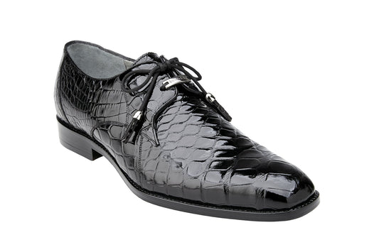 The BELVEDERE Belvedere Lago 14010 Black dress shoe, crafted from genuine alligator leather with a textured pattern and supple leather lining, is displayed on a light wood floor.