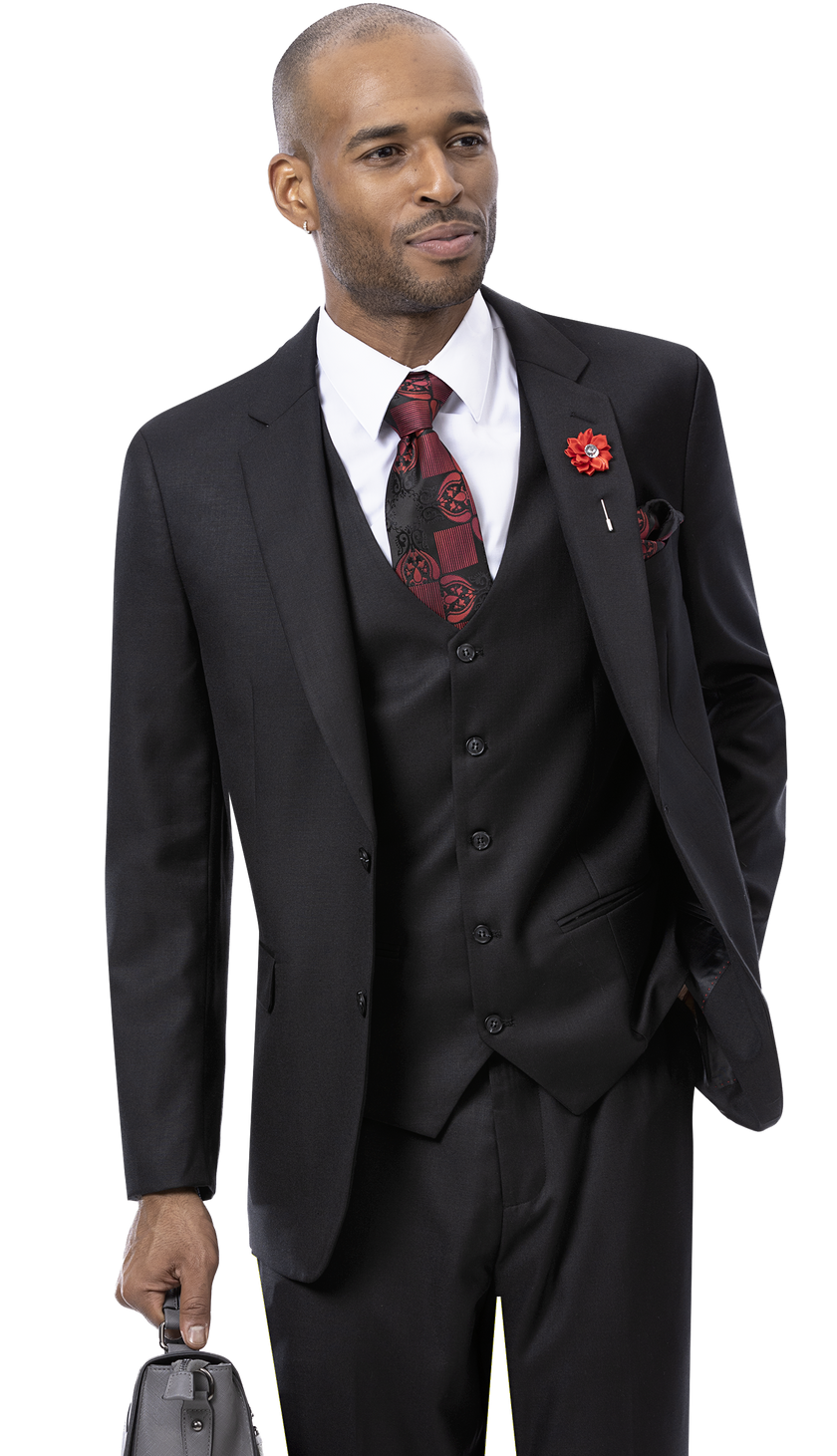 A man wearing the EJ Samuel Black Modern Fit Suit M18022 and a red tie carries a sleek gray briefcase.