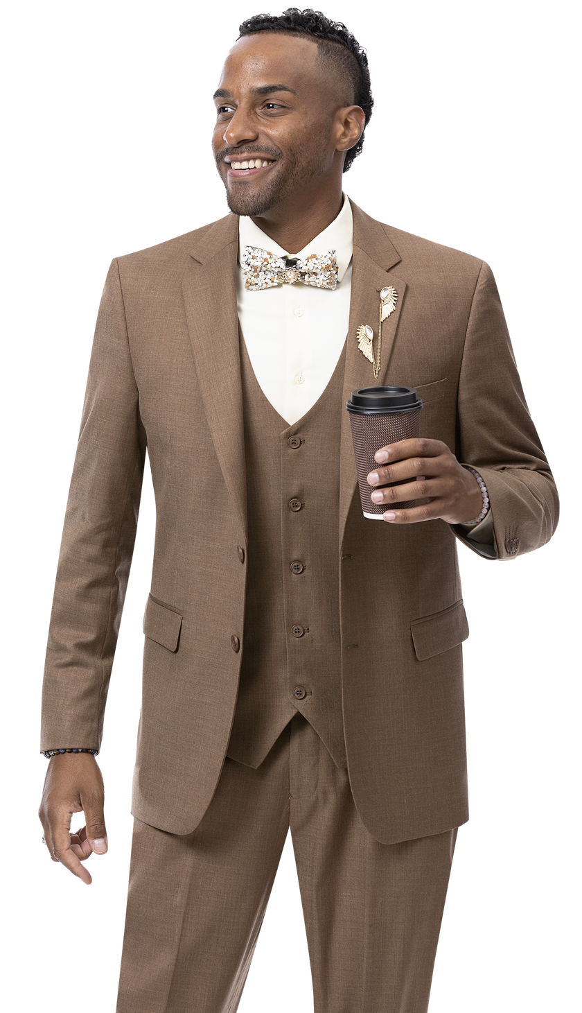 Man in an EJ Samuel Brown Modern Fit Suit M18022, a stylish three-piece set by EJ SAMUEL, holding a coffee cup, smiling and facing left.