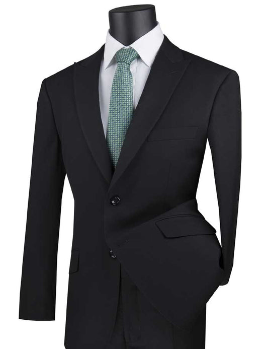 A sleek mannequin showcases a Vinci Suits Modern Fit Suit with Peak Lapel (Black) M2TR, paired with a white shirt and light green tie, against a plain background.