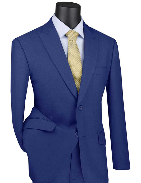 A mannequin showcases a Vinci Suits Modern Fit Suit with Peak Lapel (Blue) M2TR, elegantly paired with a yellow tie and crisp white shirt.