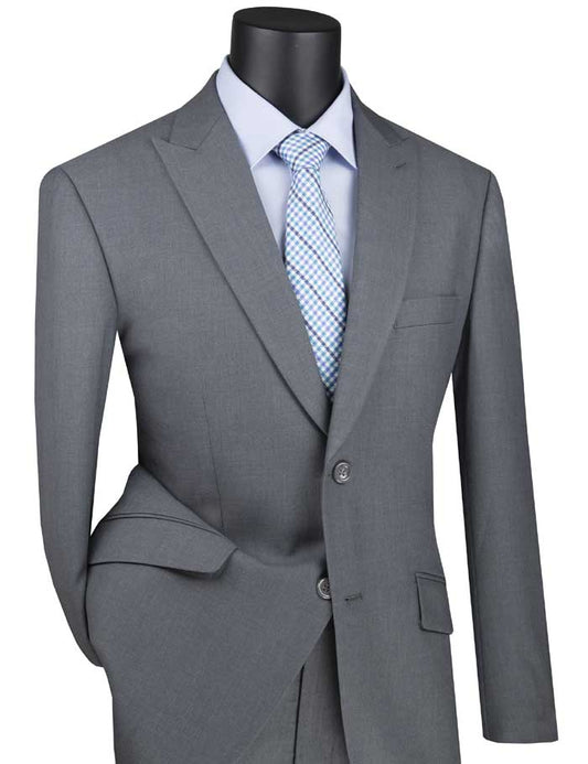 The Modern Fit Suit with Peak Lapel by Vinci Suits in medium gray pairs seamlessly with a light blue shirt and blue-white checkered tie, enhancing the ensemble's sophistication.