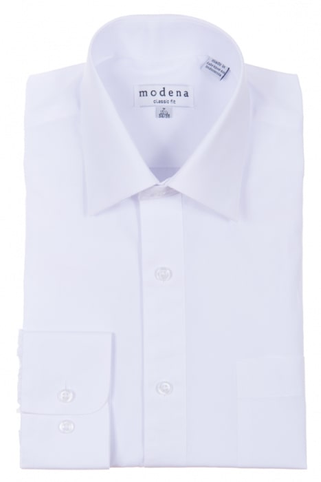 The Modena Classic Fit Regular Cuff M300CL0R White is a folded white dress shirt featuring a classic collar and button cuffs. Crafted from a wrinkle-resistant cotton blend, its inside tag proudly showcases "Modena classic fit.