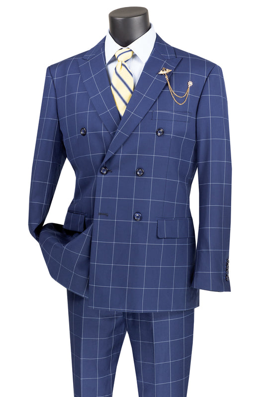The Vinci Suits Modern Fit Double Breasted Windowpane Peak Lapel 2 Piece Suit (Blue) MDW-1 is complemented by a light blue shirt, yellow striped tie, and lapel chain. It's wrinkle-resistant for all-day sharpness.