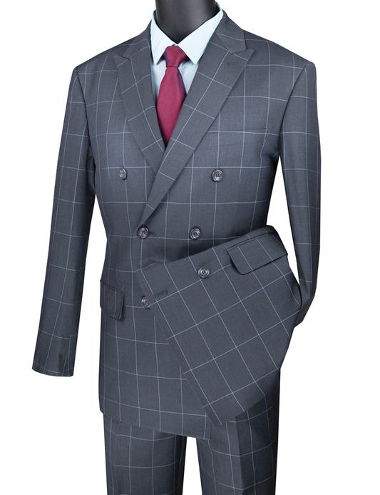 A Vinci Suits Modern Fit Double Breasted Windowpane Peak Lapel 2 Piece Suit (Gray) MDW-1 is showcased on a mannequin with a red tie and light blue shirt.