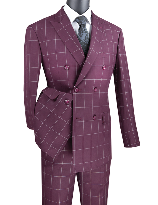 The Vinci Suits Modern Fit Double Breasted Windowpane Peak Lapel 2 Piece Suit in wine, MDW-1, features maroon with white grid lines on a mannequin. It's a poly rayon blend blazer paired with a white shirt and dark patterned tie.