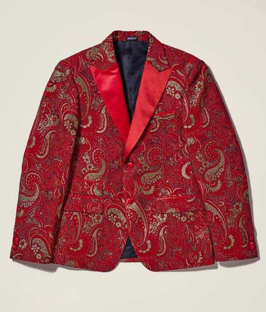 Insert's Paisley Jacquard Blazer BL205-30 in red, featuring a slim fit and satin lapels adorned with a stunning gold and red swirling paisley pattern.