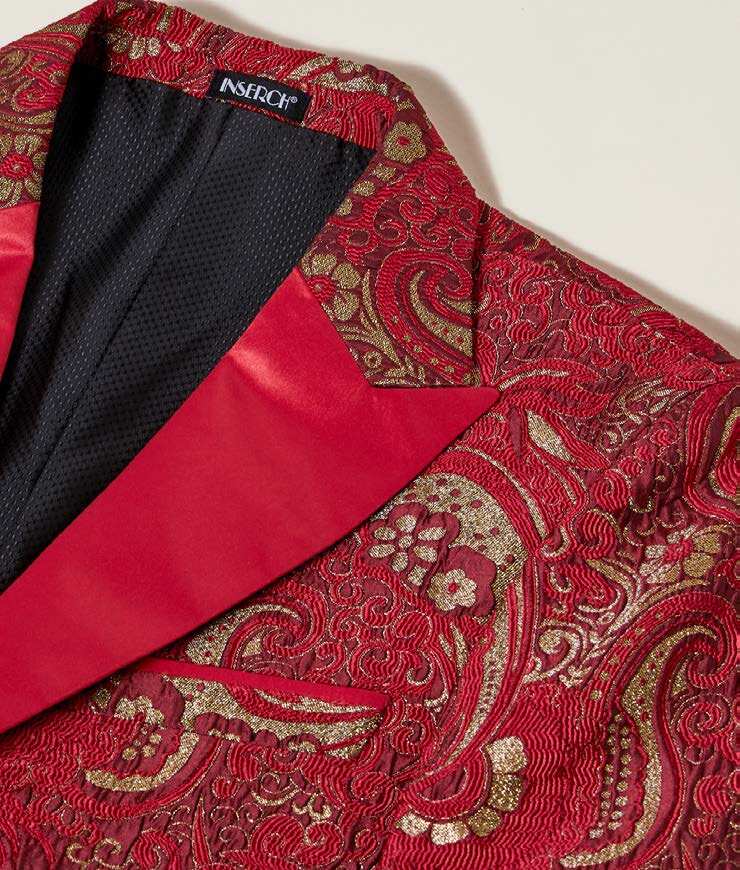 Insert's Paisley Jacquard Blazer BL205-30 in red, featuring a slim fit and satin lapels adorned with a stunning gold and red swirling paisley pattern.