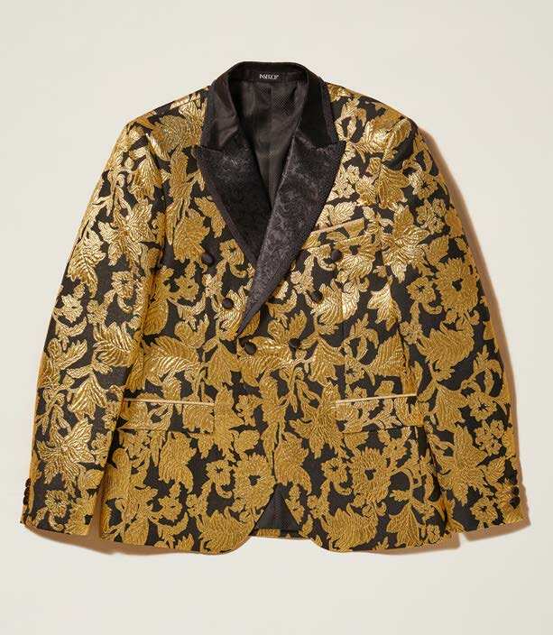The Inserch Floral Jacquard Double Breasted Blazer BL204-165 Black/Gold features a slim-fit design with an intricate gold floral pattern and sleek black satin lapels, showcased on a plain background.