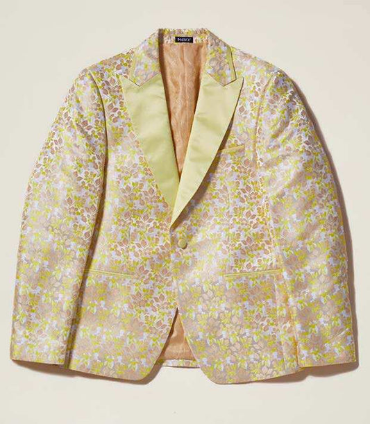 The Inserch Mini Floral Jacquard Peak Lapel Blazer BL203-16 Yellow, which features a delicate pattern of yellow, pink, and white flowers and pale satin lapels, is displayed against a light background.
