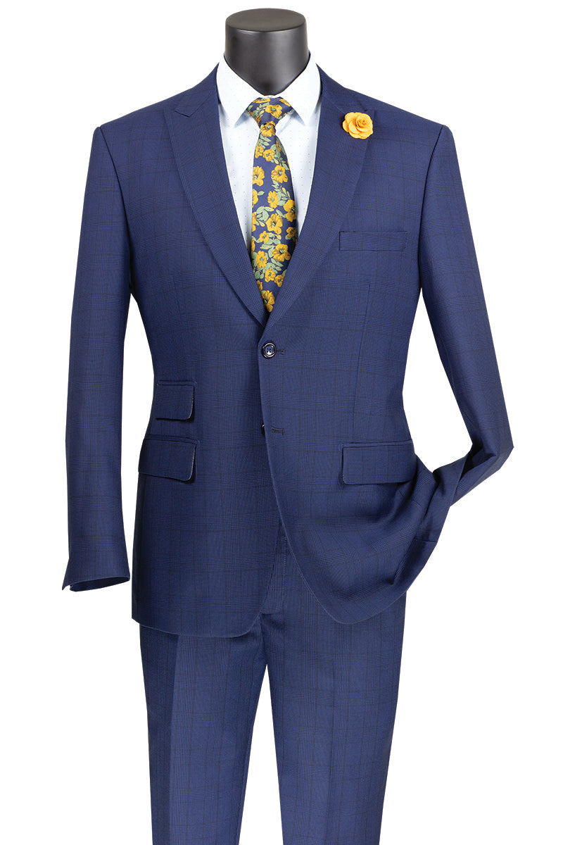 A mannequin displays the Vinci Suits "Modern Fit 2 Piece Windowpane Suit (Blue) MRW-1" with a yellow rose lapel pin and a floral blue and yellow tie, exuding wrinkle-resistant sophistication and timeless style.
