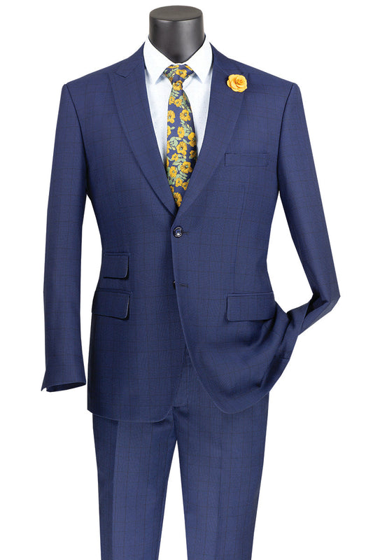 A mannequin displays the Vinci Suits "Modern Fit 2 Piece Windowpane Suit (Blue) MRW-1" with a yellow rose lapel pin and a floral blue and yellow tie, exuding wrinkle-resistant sophistication and timeless style.