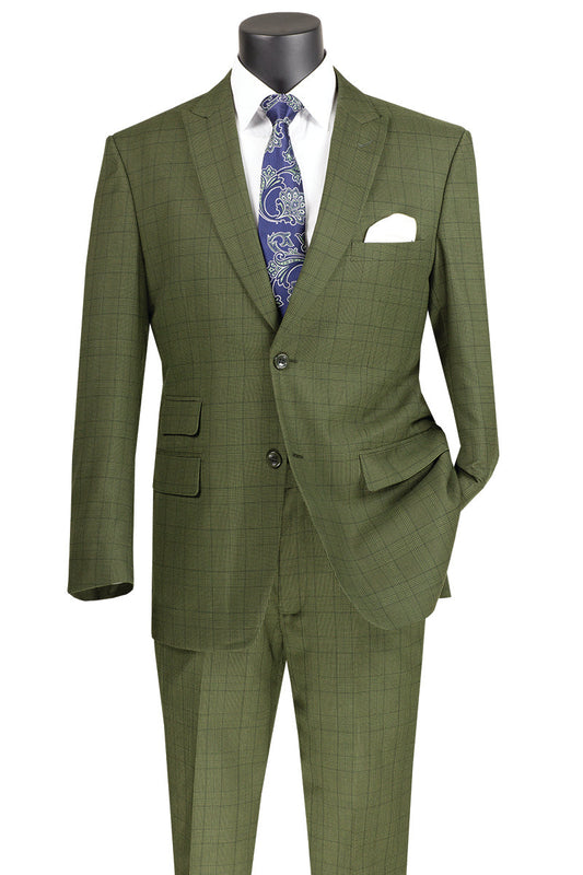 A Modern Fit 2 Piece Windowpane Suit (Olive) by Vinci Suits is displayed on a mannequin, complemented by a white shirt, a blue paisley tie, and a white pocket square.