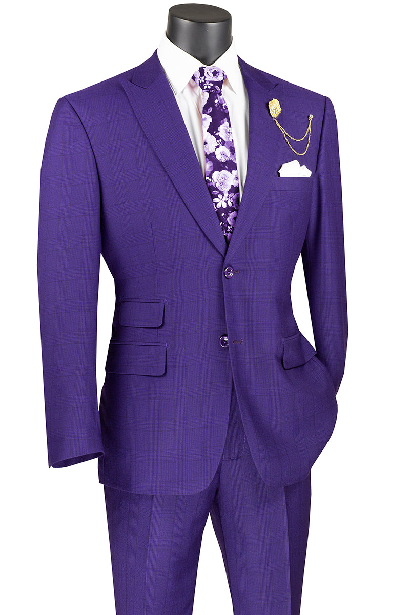 A mannequin wears a Vinci Suits Modern Fit 2 Piece Windowpane Suit (Purple) MRW-1 with a floral tie, white shirt, gold chain lapel pin, and pocket square.