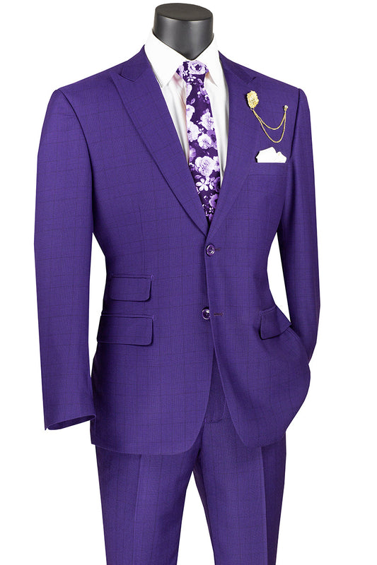 A mannequin wears a Vinci Suits Modern Fit 2 Piece Windowpane Suit (Purple) MRW-1 with a floral tie, white shirt, gold chain lapel pin, and pocket square.