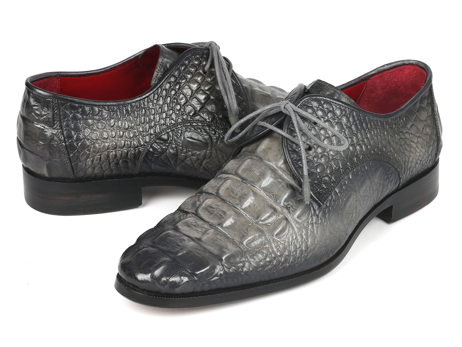 Paul Parkman presents their Gray Crocodile Embossed Calfskin Derby Shoes, model 1438GRY, for men, featuring luxurious red interiors and matching gray laces.