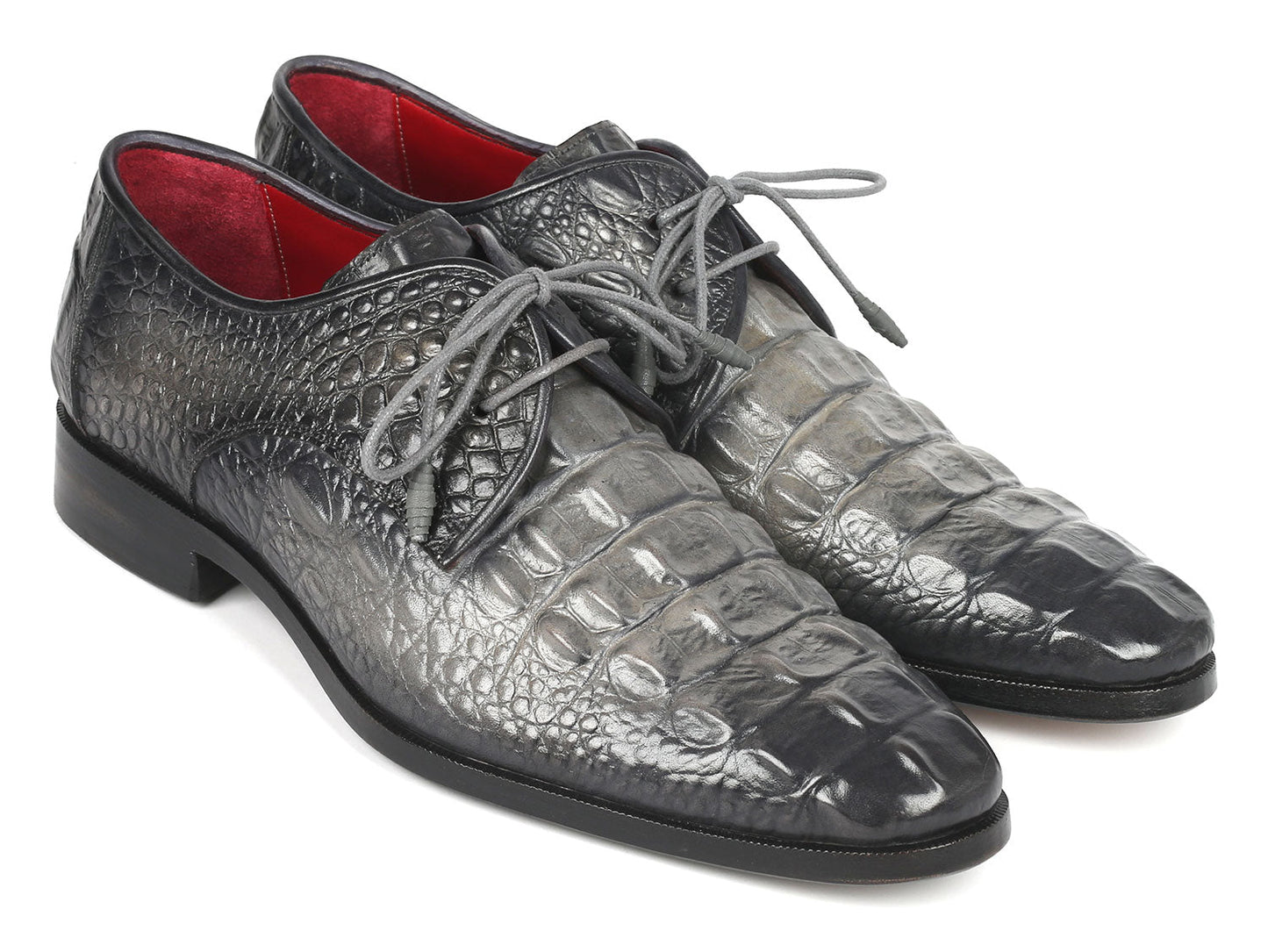 Paul Parkman presents their Gray Crocodile Embossed Calfskin Derby Shoes, model 1438GRY, for men, featuring luxurious red interiors and matching gray laces.