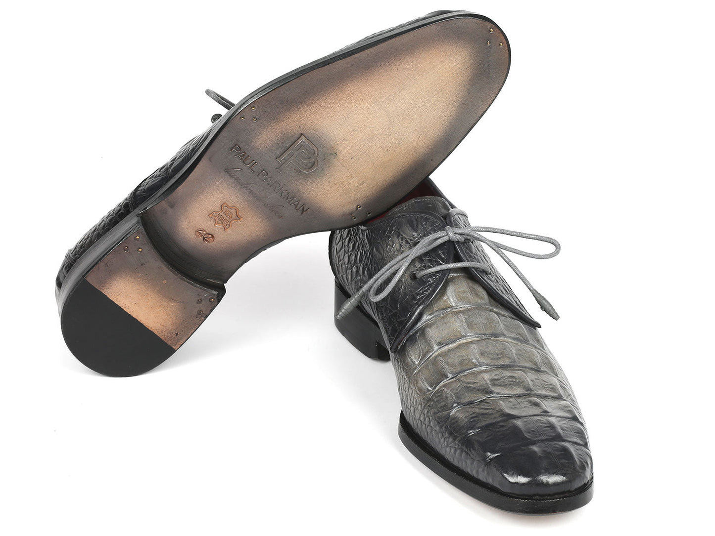Paul Parkman presents their Gray Crocodile Embossed Calfskin Derby Shoes, model 1438GRY, for men, featuring luxurious red interiors and matching gray laces.