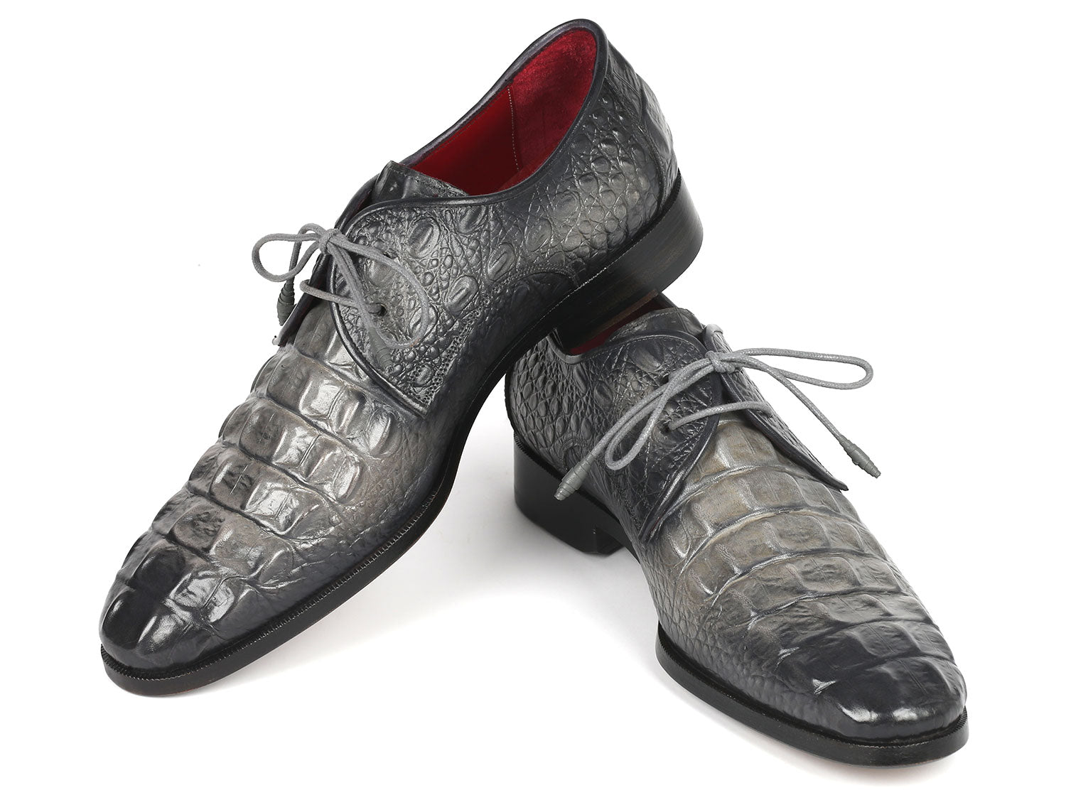 Paul Parkman presents their Gray Crocodile Embossed Calfskin Derby Shoes, model 1438GRY, for men, featuring luxurious red interiors and matching gray laces.