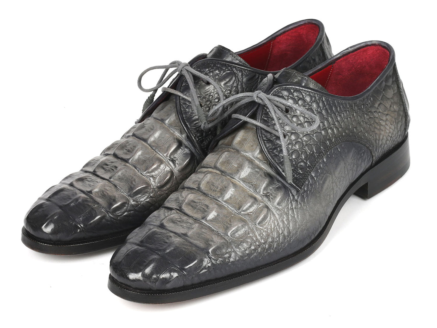 Paul Parkman presents their Gray Crocodile Embossed Calfskin Derby Shoes, model 1438GRY, for men, featuring luxurious red interiors and matching gray laces.