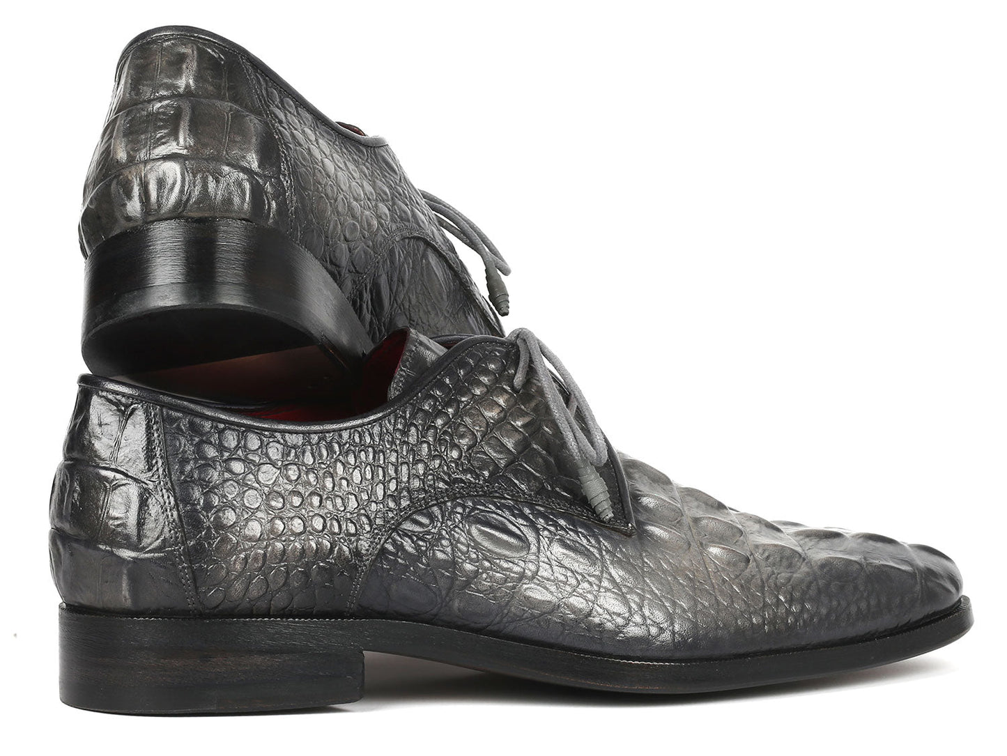 Paul Parkman presents their Gray Crocodile Embossed Calfskin Derby Shoes, model 1438GRY, for men, featuring luxurious red interiors and matching gray laces.