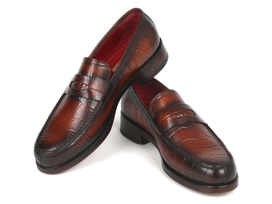 Paul Parkman Brown Crocodile Embossed Calfskin Penny Loafers - 3857-BRW, featuring a striking red interior lining, are showcased on a white background.