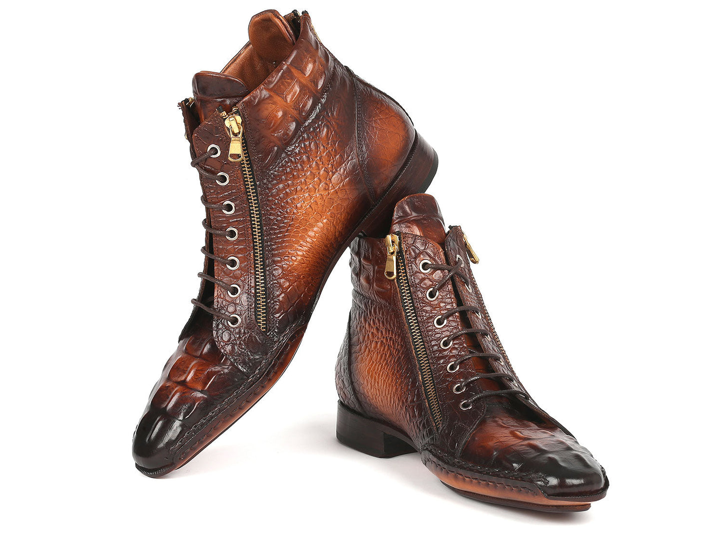 Introducing the Paul Parkman Crocodile Textured Calfskin Handmade Zipper Boots (Model 88APK87), featuring a polished finish, front laces, side zippers, and exquisite hand-sewn construction.