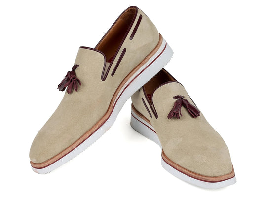Introducing the Paul Parkman Smart Casual Tassel Loafers in Beige Suede (181-BEI-SD), these stylish loafers from Paul Parkman feature burgundy tassels and trim, white soles, and a stacked heel.