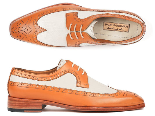Introducing the Paul Parkman Dual Tone Wingtip Derby Shoes Cognac & Cream - 924CC55. These elegant dress shoes feature hand-painted calfskin with brogue detailing in a sophisticated cognac and cream color scheme. Crafted by Paul Parkman, they come with laces and a wooden heel, offering a unique blend of style and craftsmanship.