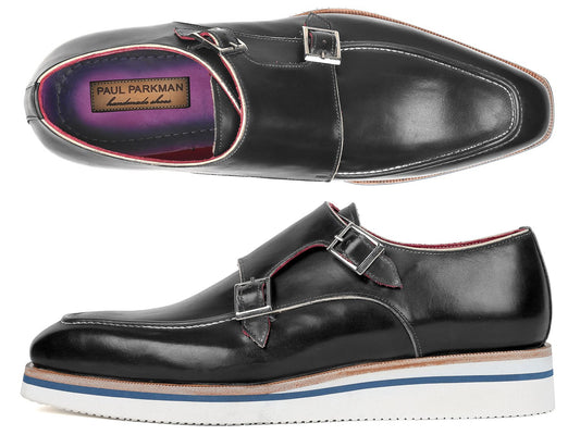 The Paul Parkman Smart Casual Monkstrap Shoes in black leather, identified as model 189-BLK-LTH, feature a thick white sole with blue accents. These shoes seamlessly combine style and sophistication for any occasion.