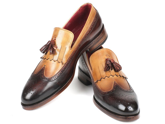 Paul Parkman Kiltie Tassel Loafers in beige and brown feature kiltie tassels and brogue detailing, meticulously crafted from hand-painted calfskin for a unique finish.