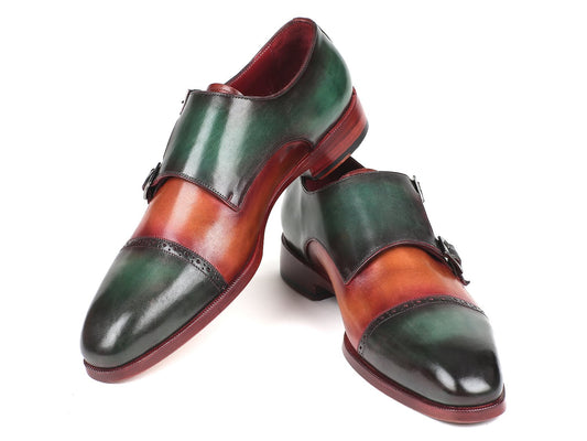 The Paul Parkman Captoe Double Monkstraps in Green & Camel, model 045GC61, showcase hand-painted leather with a green and brown gradient, complete with buckles and cap toes, elegantly displayed on a white surface.