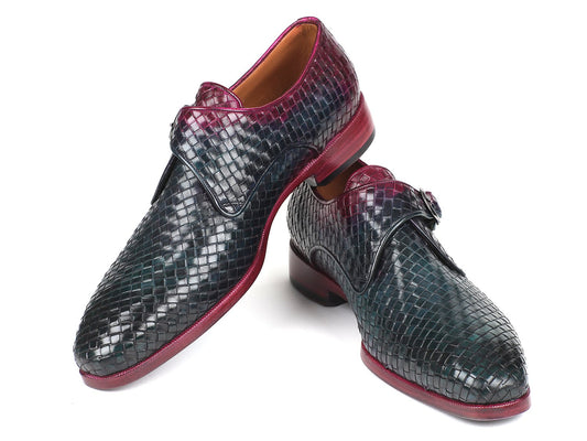 Introducing the Paul Parkman Purple & Green Woven Leather Single Monkstraps, a pair of handmade shoes from Paul Parkman featuring a bold combination of green and burgundy leather with red soles.