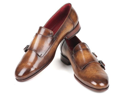 A pair of elegant olive double monkstraps by Paul Parkman, crafted from hand-painted calfskin and featuring a stylish buckle detail, set elegantly against a white backdrop.