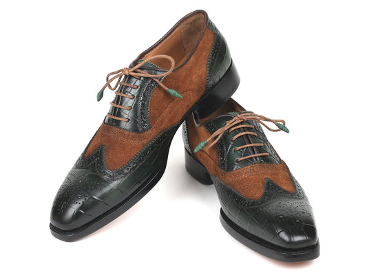The Paul Parkman Goodyear Welted Wingtip Oxfords, model 9941-BWG, features green leather with brown suede detailing, brogue perforations, a durable Goodyear welted construction, and elegant leather laces.