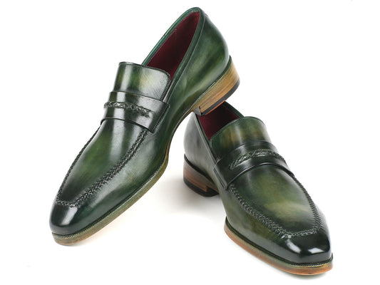 Presenting the Paul Parkman Loafer Shoes Green - 068-GRN, expertly designed with hand-painted leather in a slip-on penny loafer style, featuring intricate stitching and a polished finish, showcased against a white background.