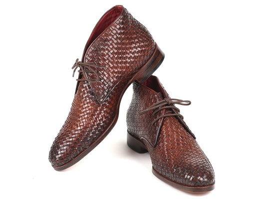 The Paul Parkman Brown Woven Leather Chukka Boots - CK82WVN exude timeless elegance against a pristine white background.