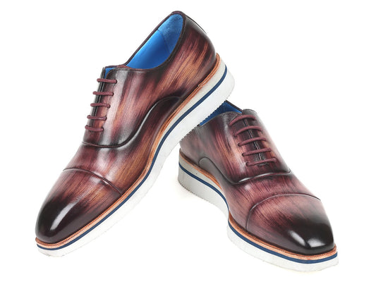 Paul Parkman Smart Casual Oxfords in polished purple leather, crafted from hand-painted calfskin and featuring white rubber soles with blue accents, are perfect for smart casual settings and are displayed against a white background.