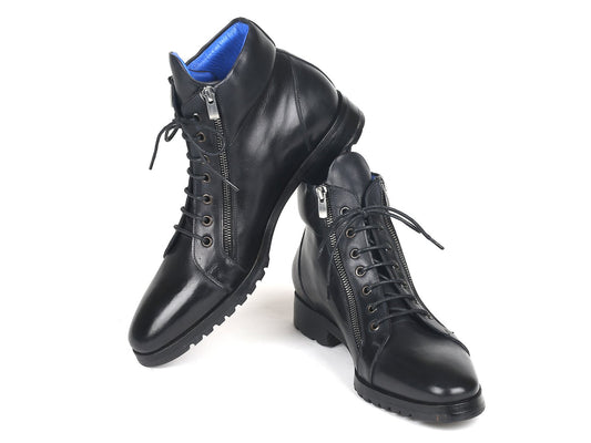 Introducing the Paul Parkman Side Zipper Leather Boots Black - 12455-BLK: a pair of black lace-up boots with side zippers, enhanced by a blue lining and rugged soles, meticulously crafted from hand-painted calfskin.