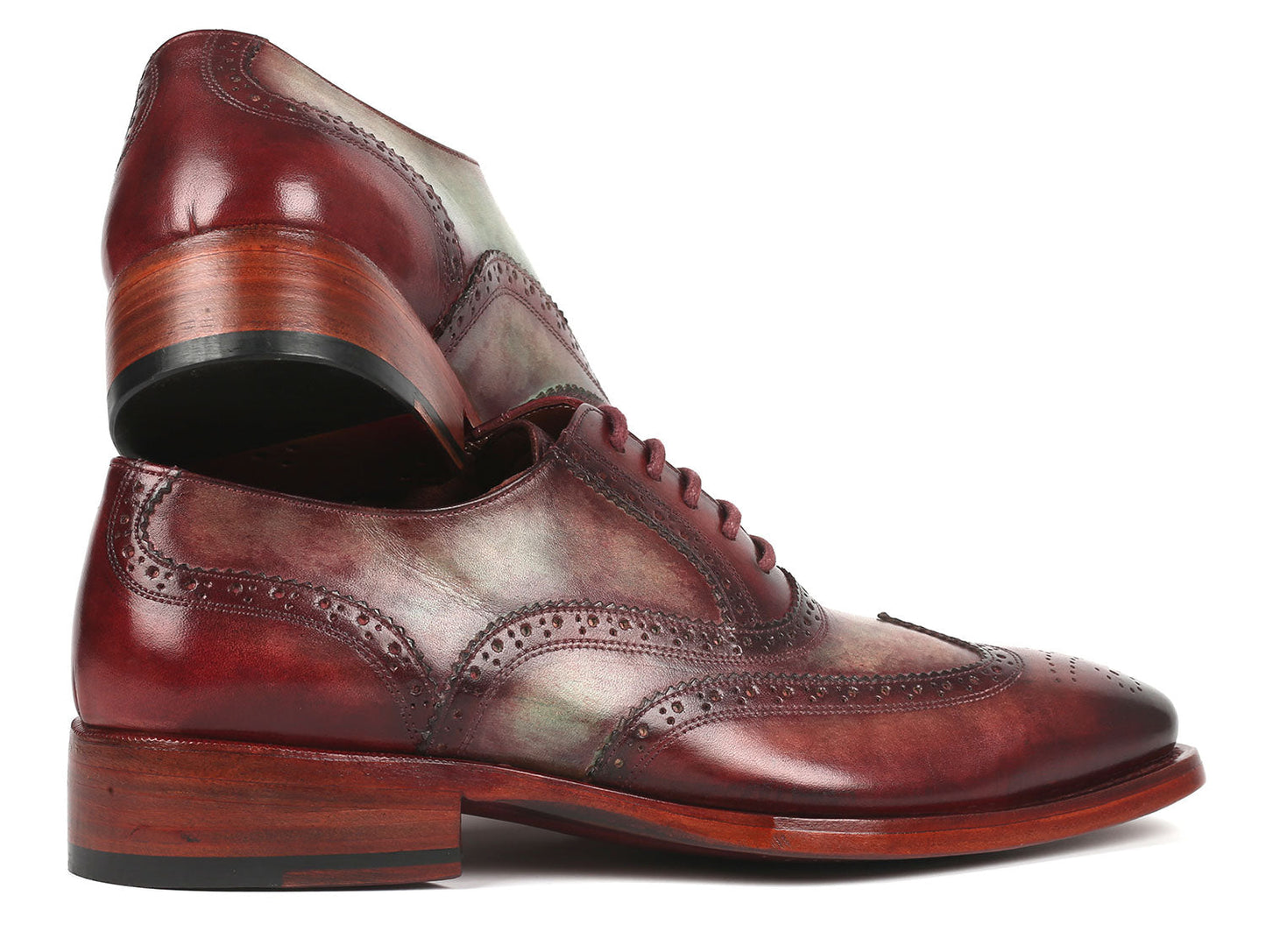 The Paul Parkman Goodyear Welted Men's Two Tone Wingtip Oxfords - PP22GB62 are polished, multicolored hand-painted leather brogues with intricate detailing and brown laces, shown against a white background.