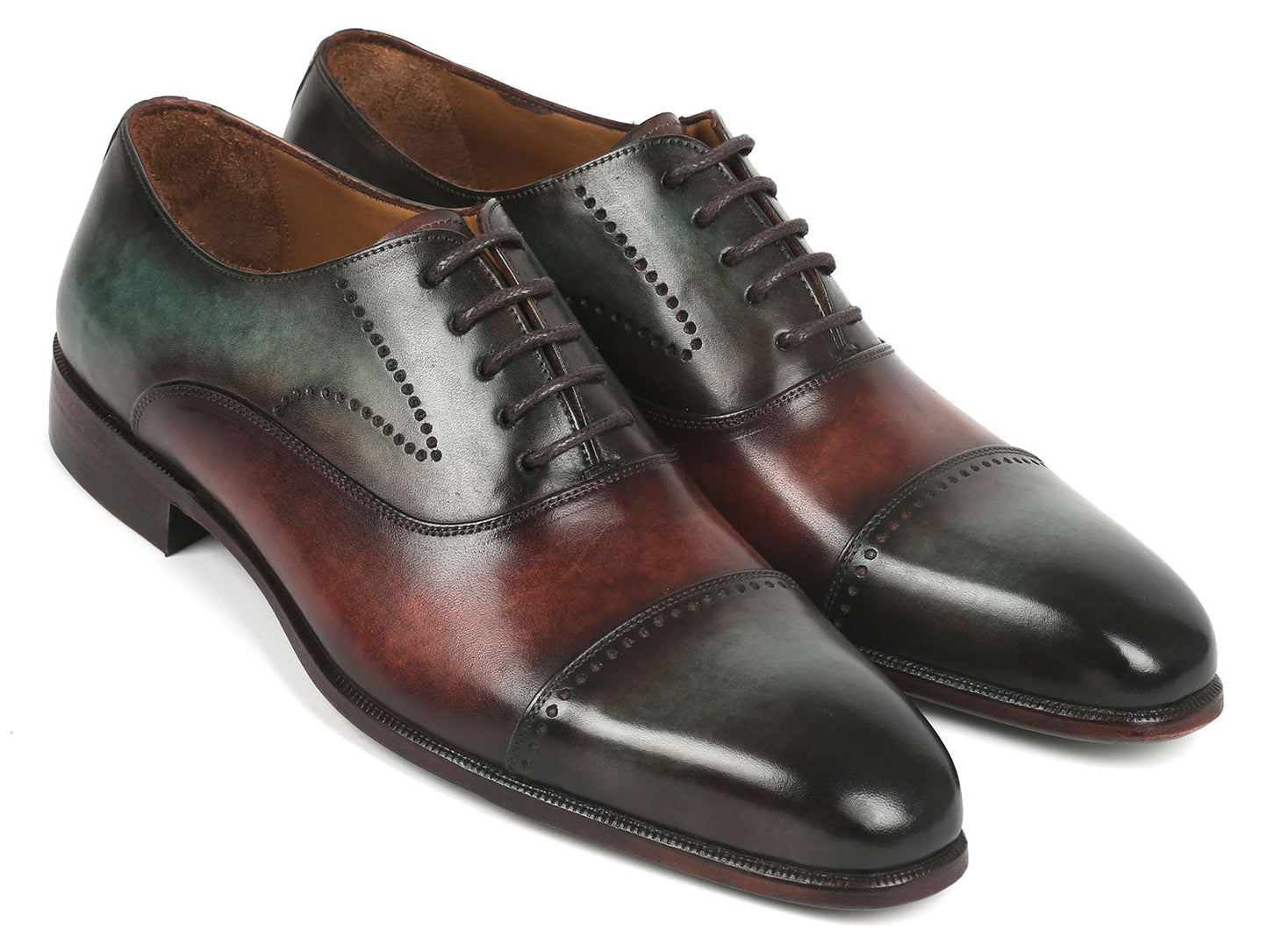 Introducing the Paul Parkman Men's Cap Toe Oxfords in Green & Brown (314-GRNBRW), a refined choice featuring hand-painted green and brown leather with laces, complete with decorative perforations, ideal for men pursuing a sophisticated style.