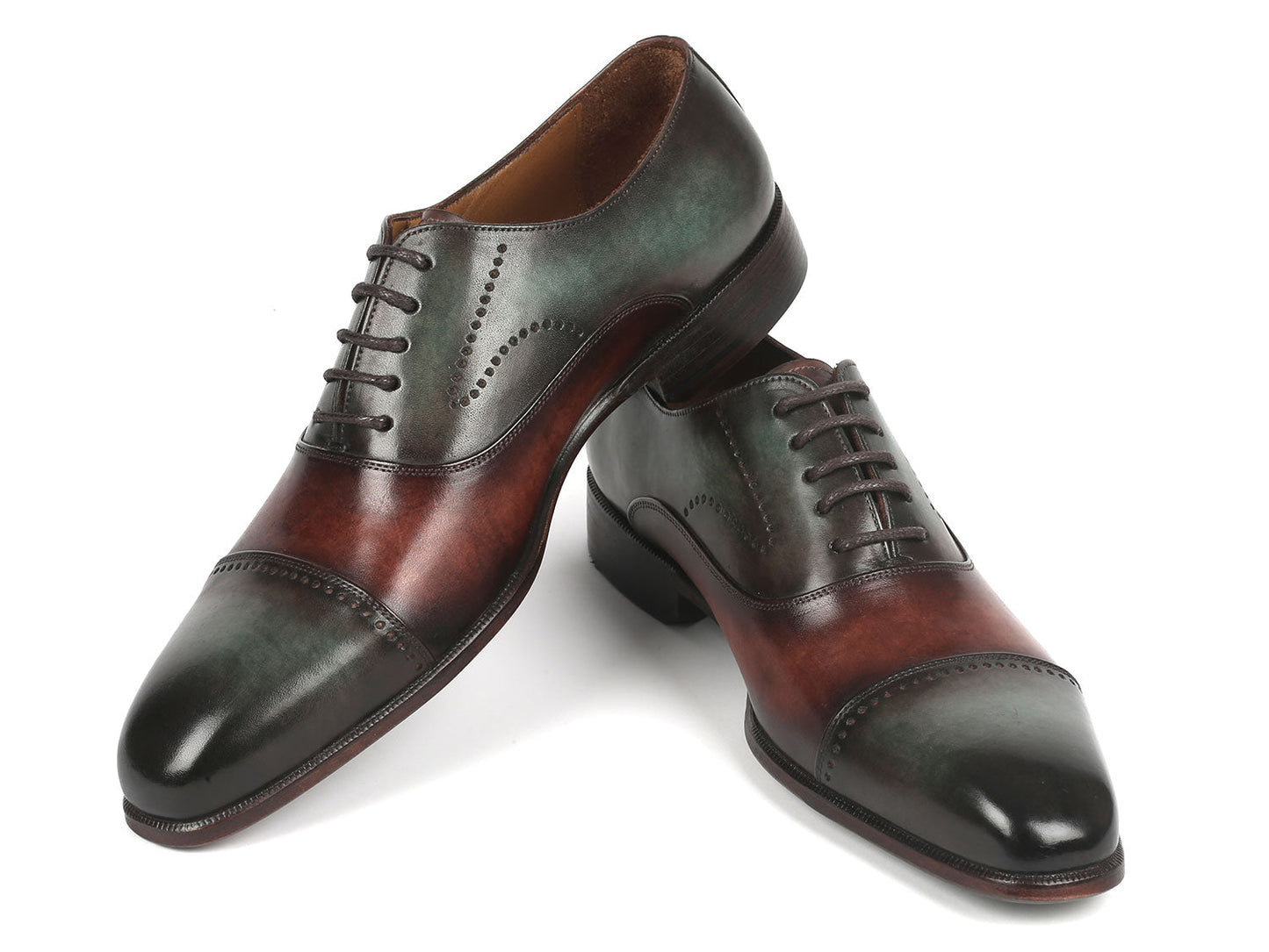 Introducing the Paul Parkman Men's Cap Toe Oxfords in Green & Brown (314-GRNBRW), a refined choice featuring hand-painted green and brown leather with laces, complete with decorative perforations, ideal for men pursuing a sophisticated style.