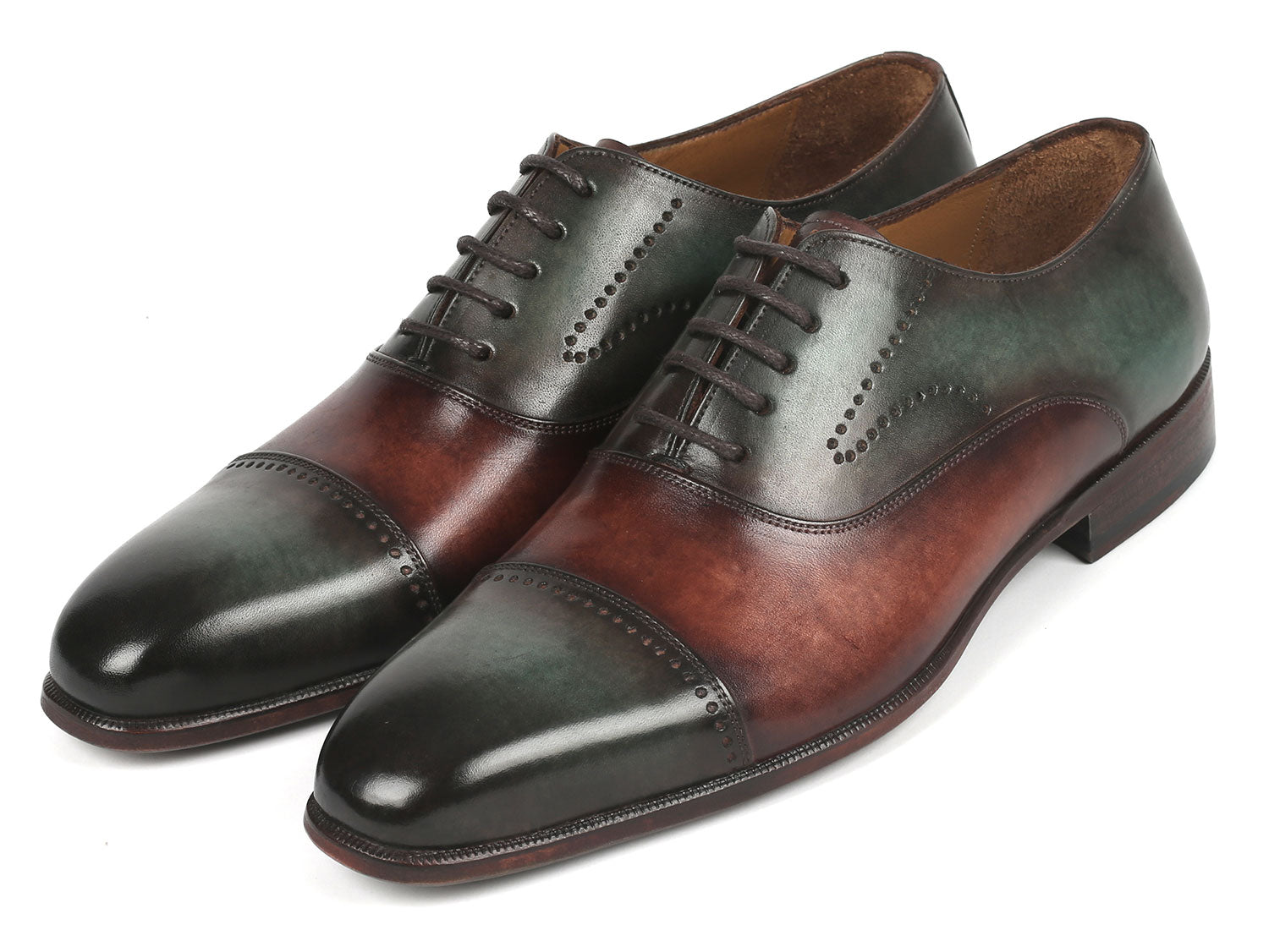 Introducing the Paul Parkman Men's Cap Toe Oxfords in Green & Brown (314-GRNBRW), a refined choice featuring hand-painted green and brown leather with laces, complete with decorative perforations, ideal for men pursuing a sophisticated style.