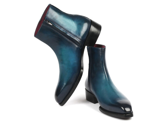 Paul Parkman Blue Burnished Side Zipper Boots, model BT3955-BLU, feature a Goodyear welted construction with polished blue leather and black soles. One boot is displayed upright while the other rests on its side for a detailed view.
